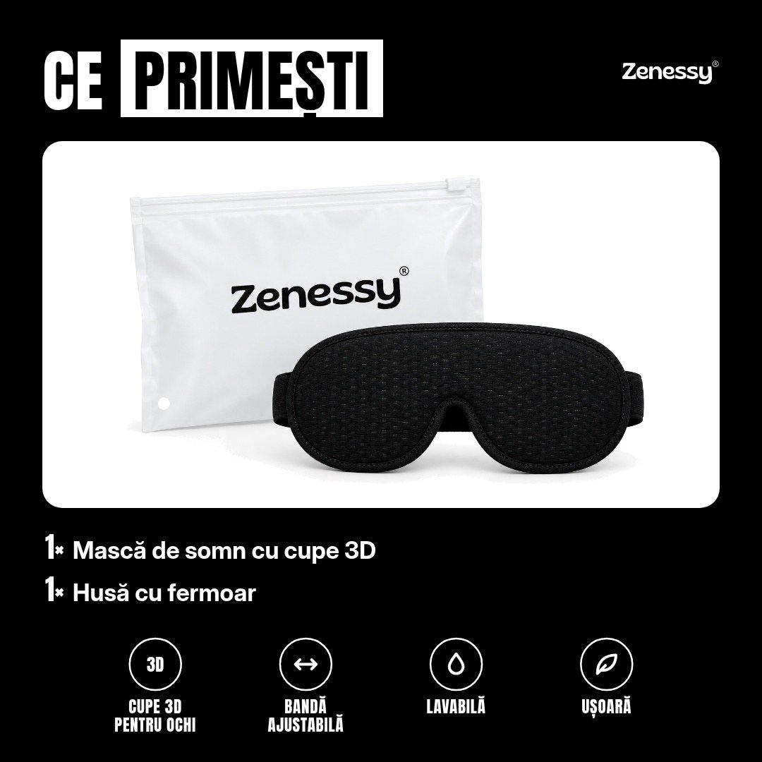 Ce primești: mască de somn 3D și husă cu fermoar